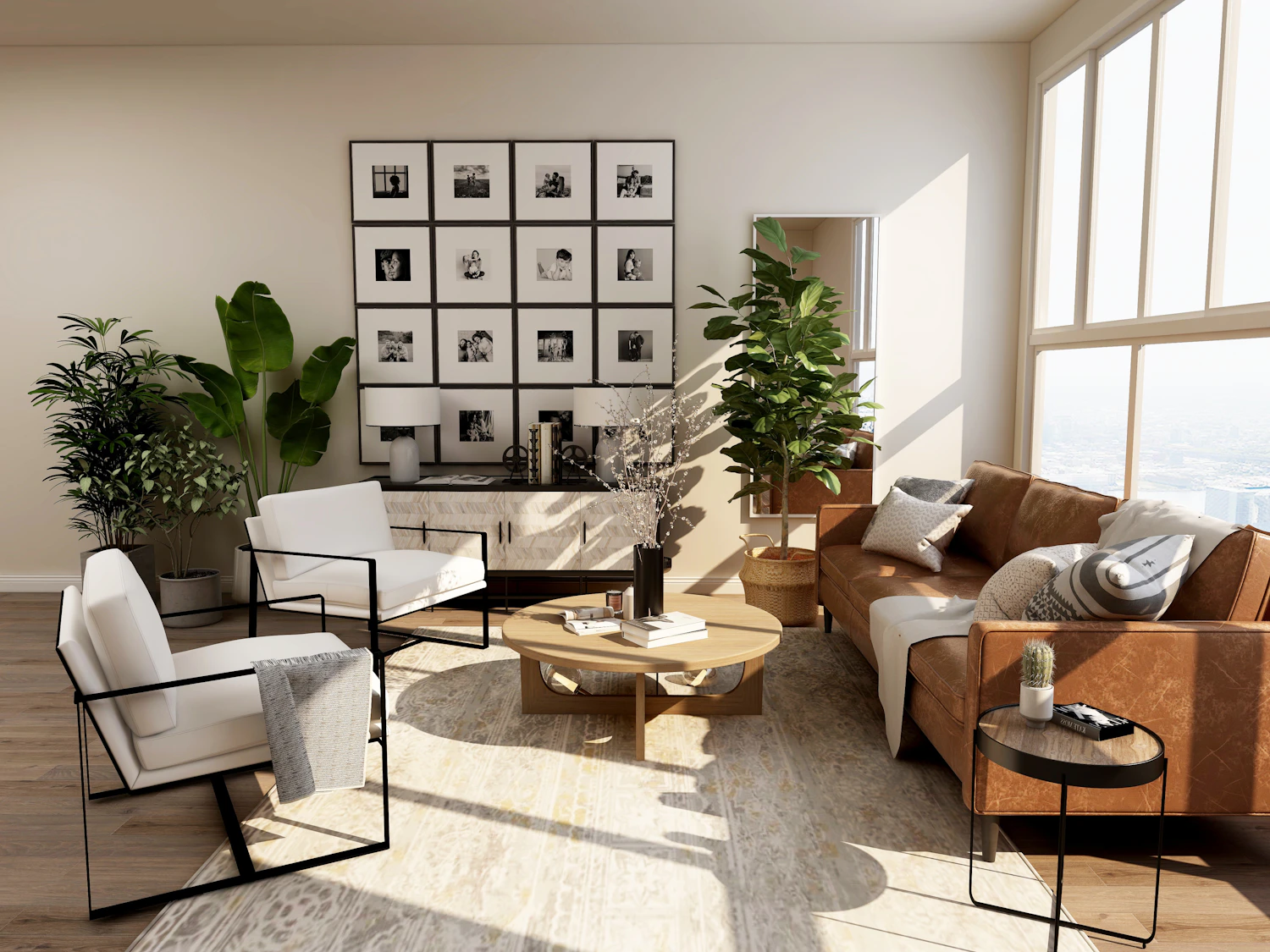 Comfortable living room with plants and soft furnishings