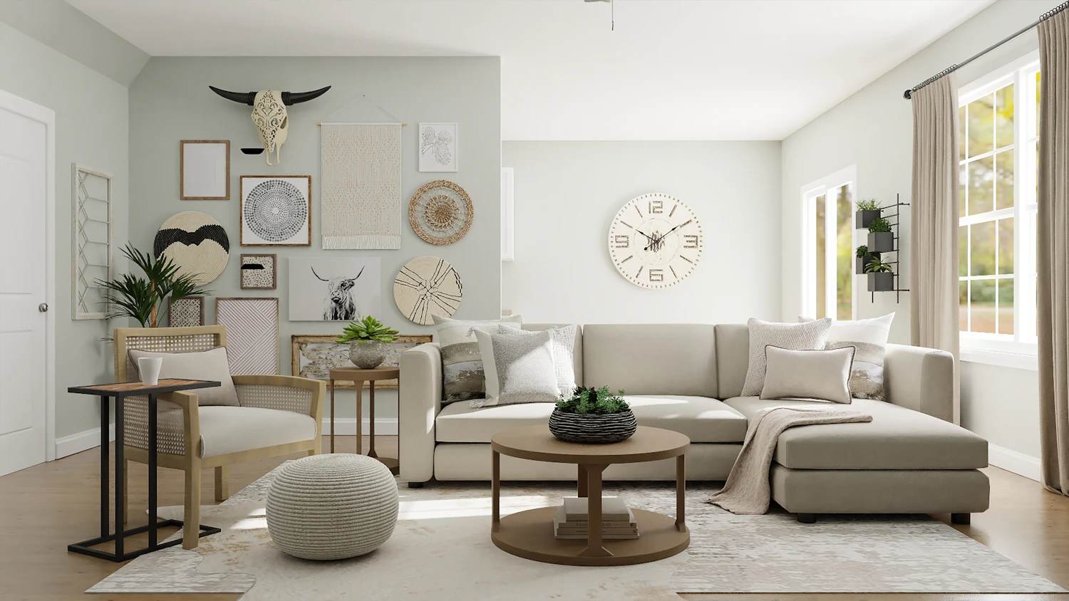Light-filled living area with neutral furniture